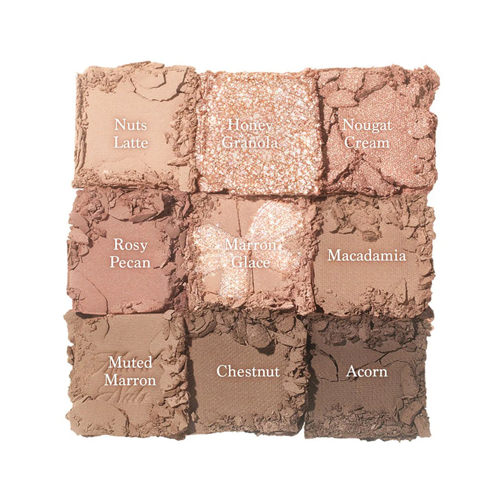 Makeup color swatch palette with labeled shades on a white background