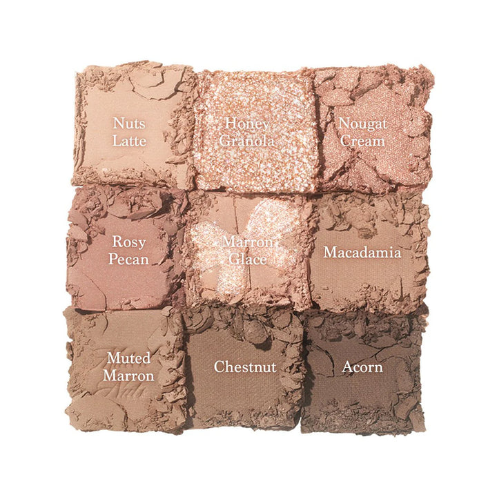 Makeup color swatch palette with labeled shades on a white background