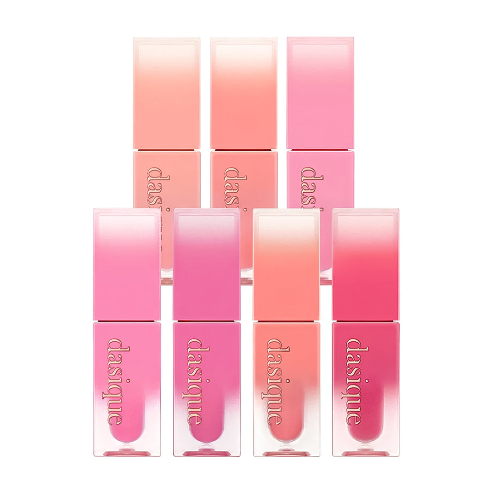 Set of pink lip glosses with gradient colors and 'dasique' branding on a white background