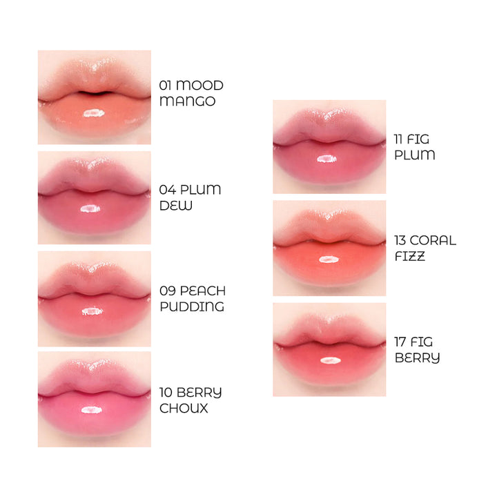 Lip color swatches with labeled shades on a white background