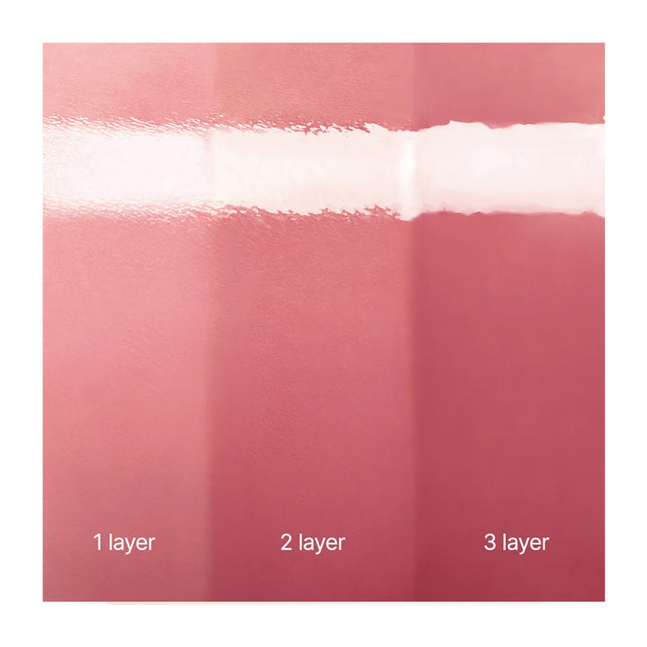 Lipstick swatches showing different application layers on a white background