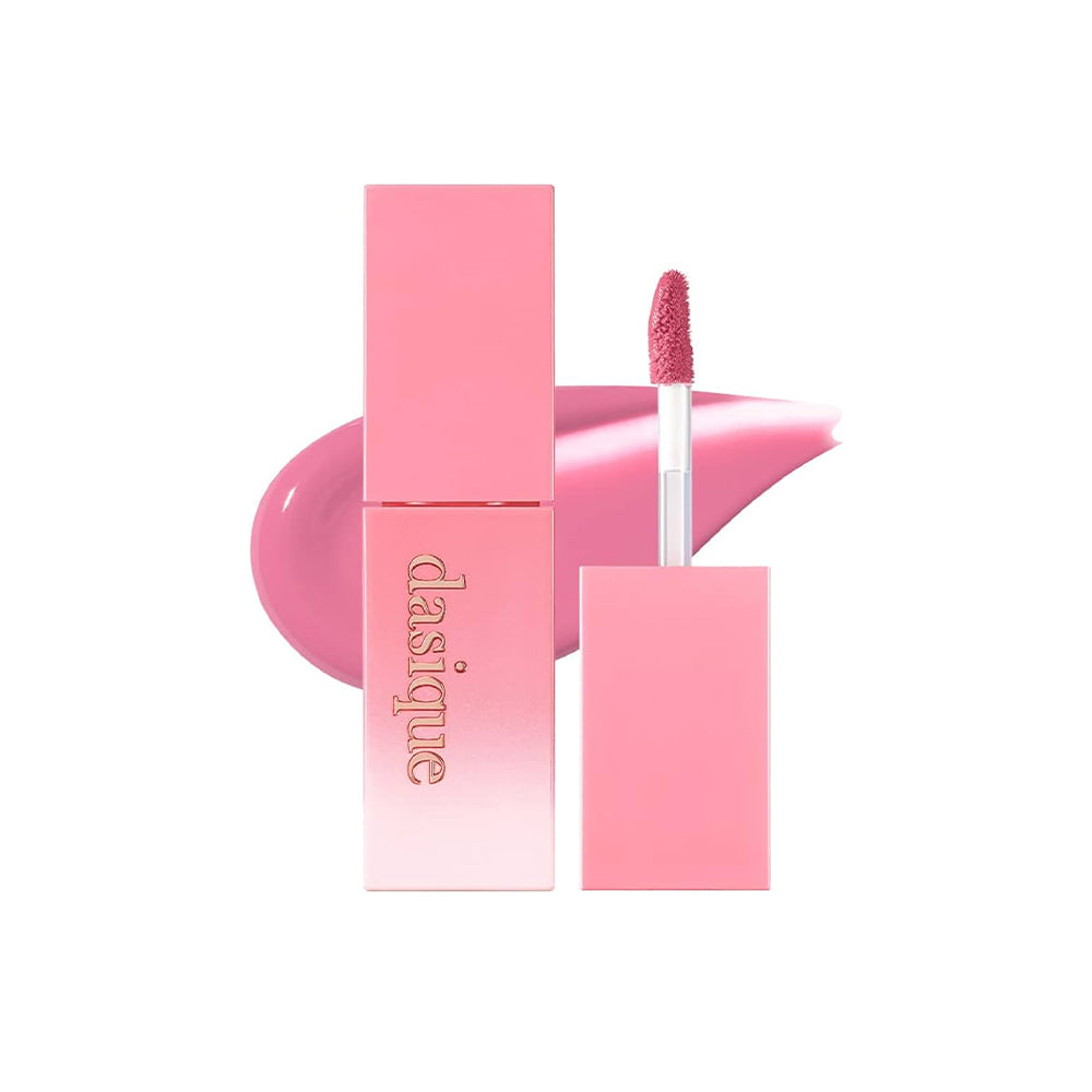 Pink lip gloss with applicator and packaging on a white background