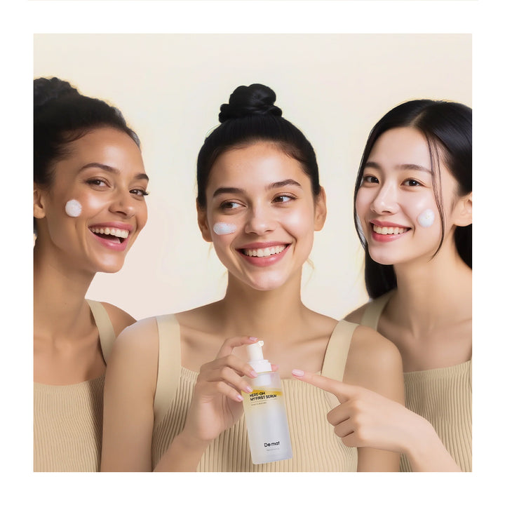 Three women with a skincare product on a beige background