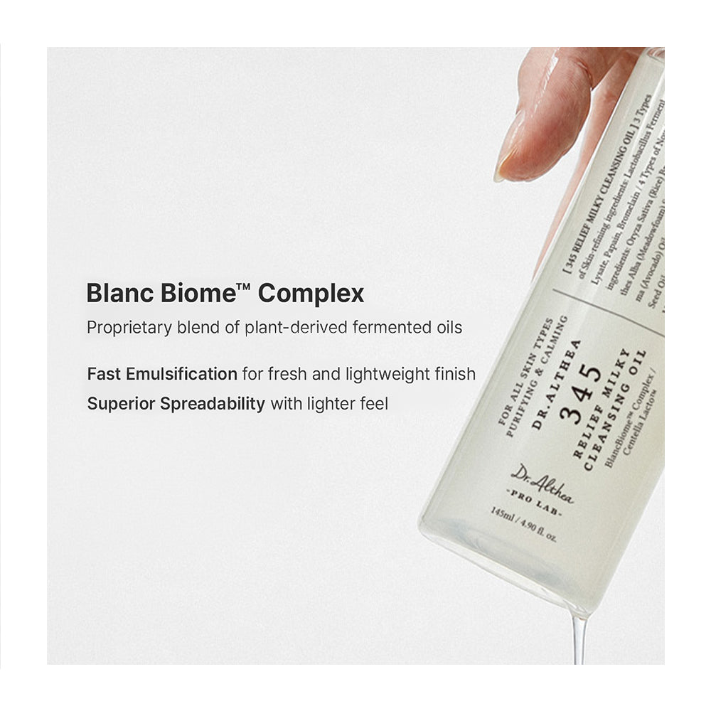 A hand holds a clear bottle of Dr. Althaia 345 Seborrheic Dermatitis Cleansing Oil, tilted to show a clear liquid dripping out, against a clean white background with product text on the left.