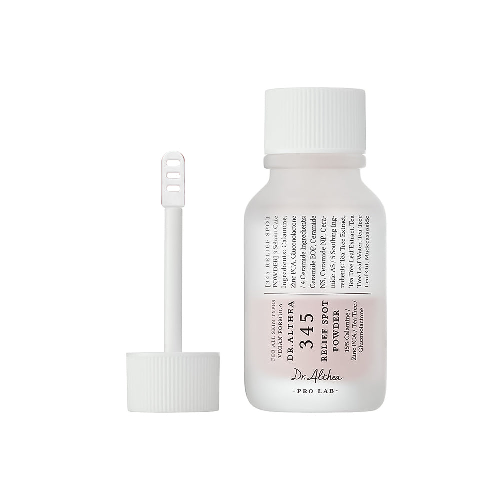 A frosted white bottle of Dr. Alhake 345 Relief Dot Powder next to its white applicator wand, shown on a clean white background.