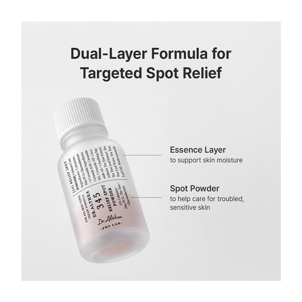 A small white bottle labeled Dr. Althea 345 Relief Spot Powder is shown on a light gray background with text explaining its dual-layer formula for targeted spot relief.