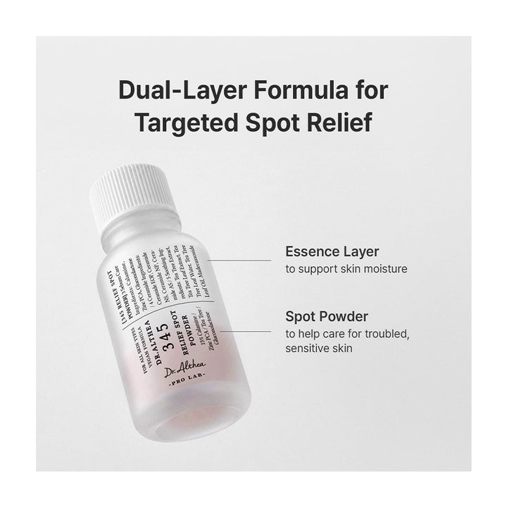 A small white bottle labeled Dr. Althea 345 Relief Spot Powder is shown on a light gray background with text explaining its dual-layer formula for targeted spot relief.