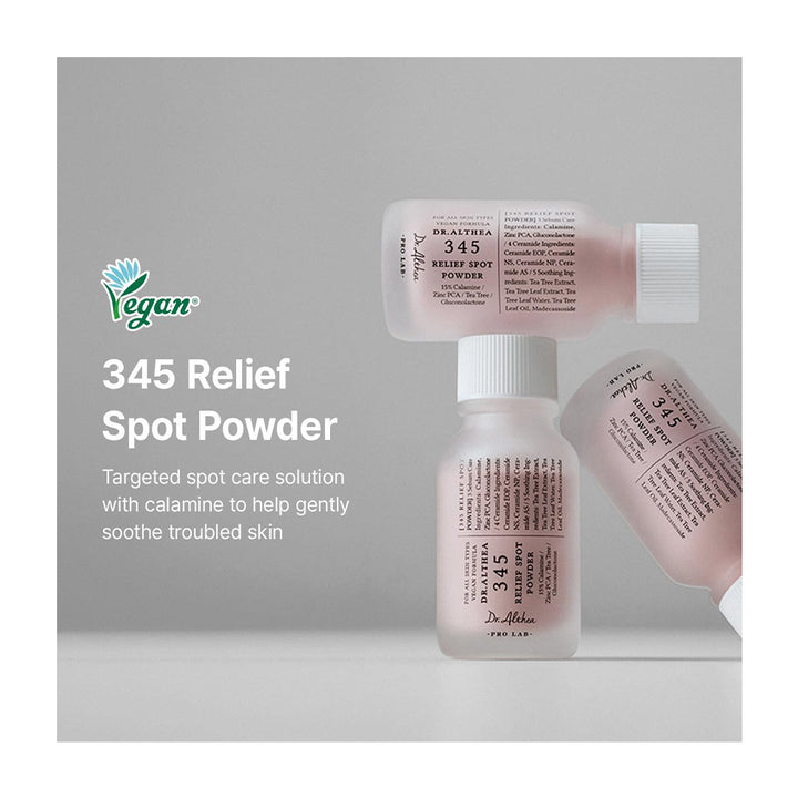 Three small Dr. Altea 345 Relief Spot Powder bottles with frosted pink and white packaging, arranged on a light gray background with product text and a Vegan logo.