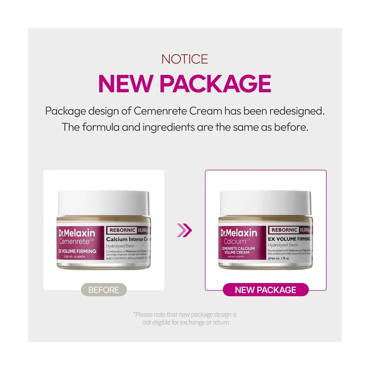 Comparison of Dr. Melaxin Cemenrete Cream before and after new package design on a white background.