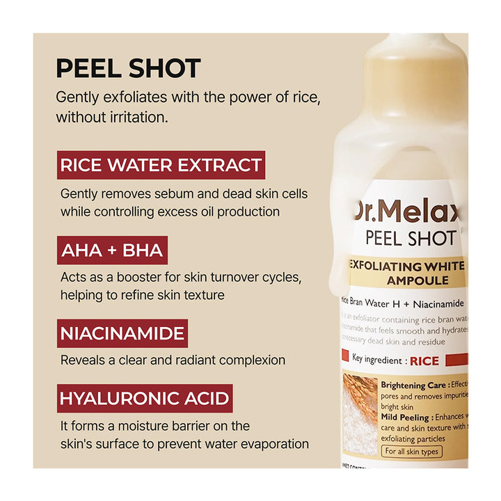 Dr. Melax Peel Shot Exfoliating White Ampoule bottle shown next to a beige informational graphic detailing its ingredients and benefits.