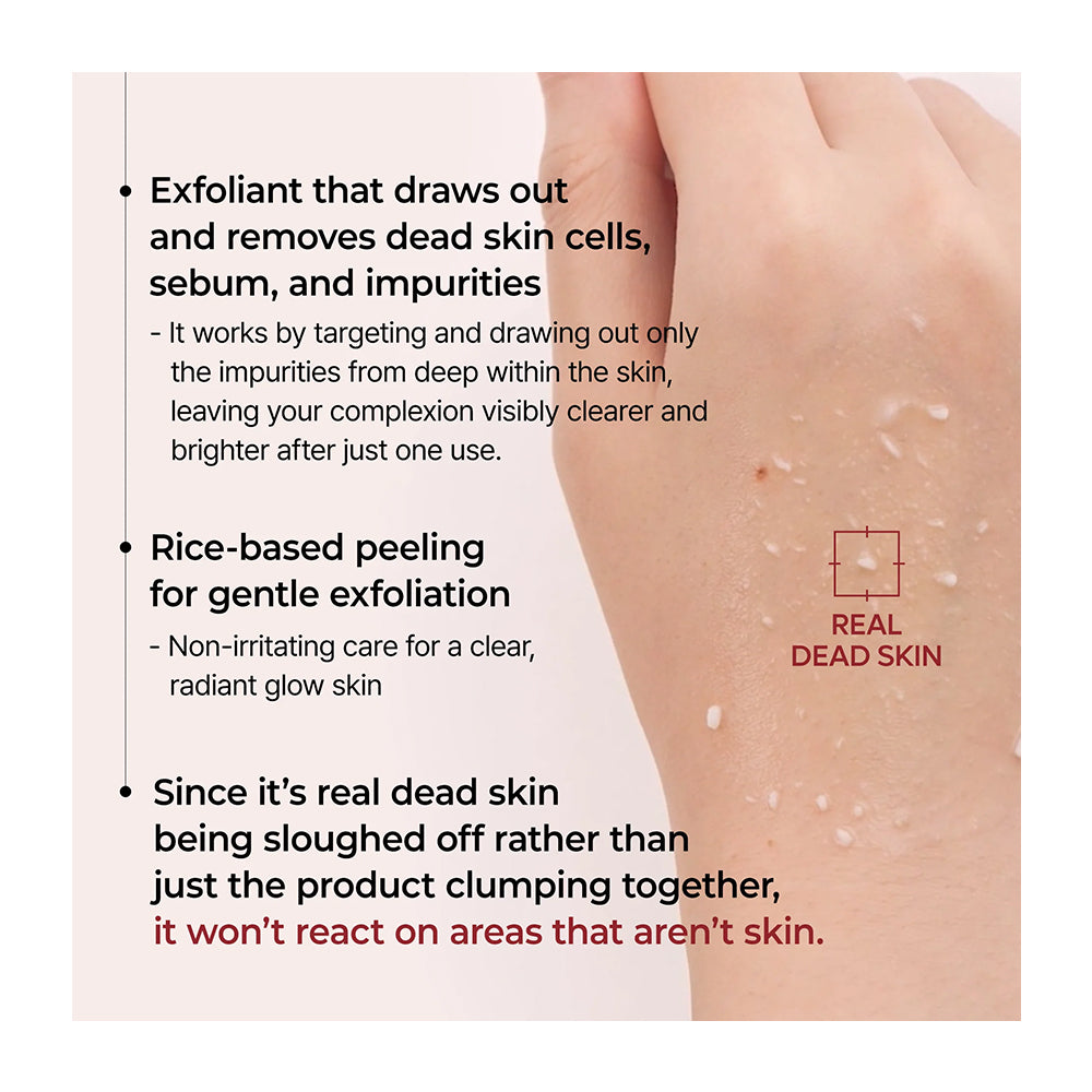 A close-up of a hand with exfoliating product applied, accompanied by descriptive text on the left and a small inset labeled &