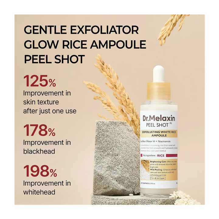 Dr. Melaxin Peel Shot Exfoliating White Rice Ampoule shown on a beige promotional graphic with text callouts about skin texture, blackhead, and whitehead improvements, plus decorative wheat stems and a small stone texture prop.