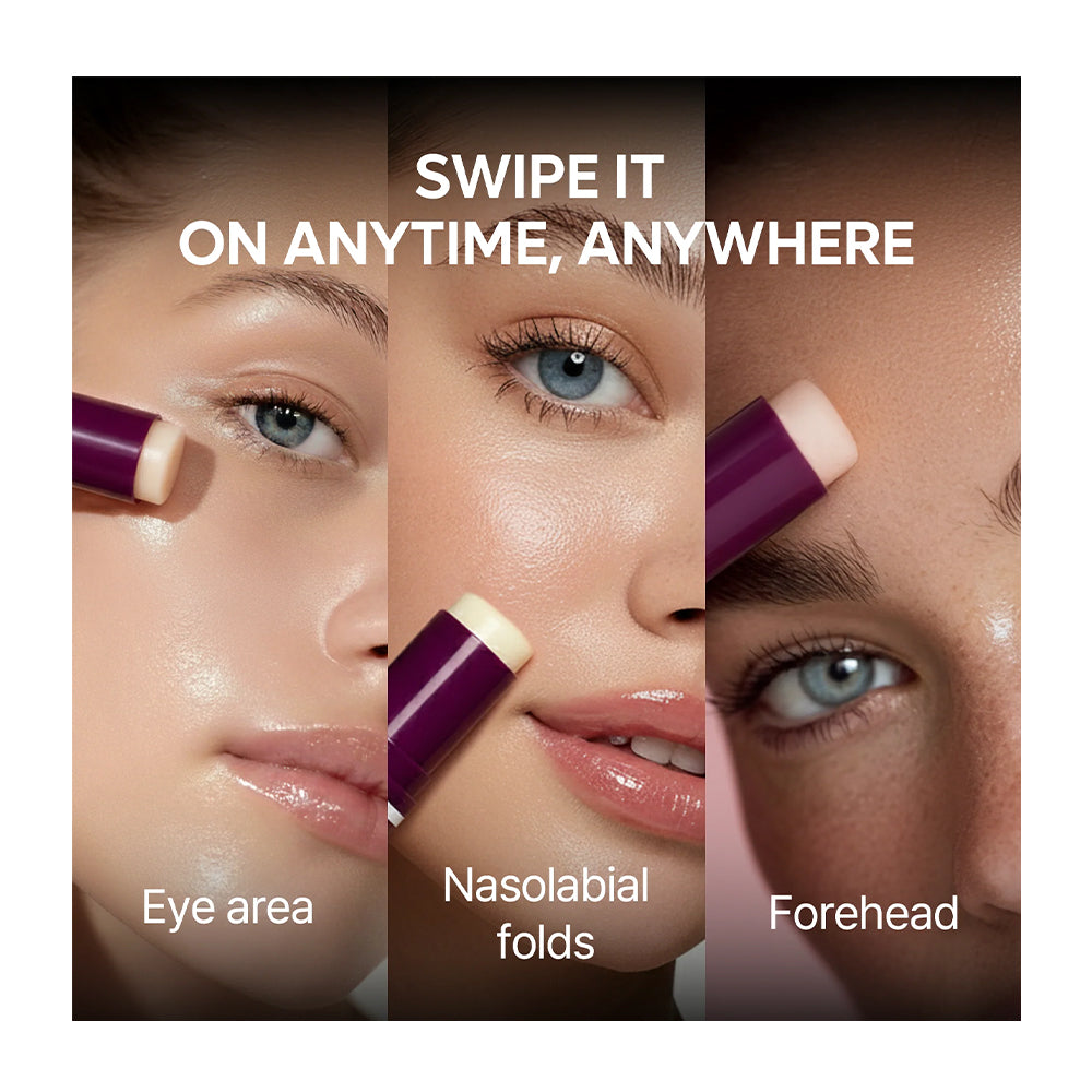 Three-panel beauty ad showing a purple cosmetic stick applied to a woman&