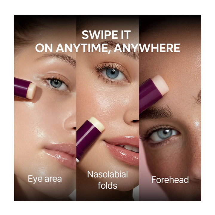 Three-panel beauty ad showing a purple cosmetic stick applied to a woman&