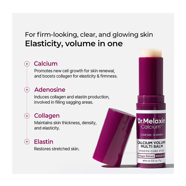 Dr. Melaxin Calcium Smooth Corset Balm in a deep magenta-purple color, shown with its cap off and standing next to the tube on a light gray background with product benefits listed on the left.