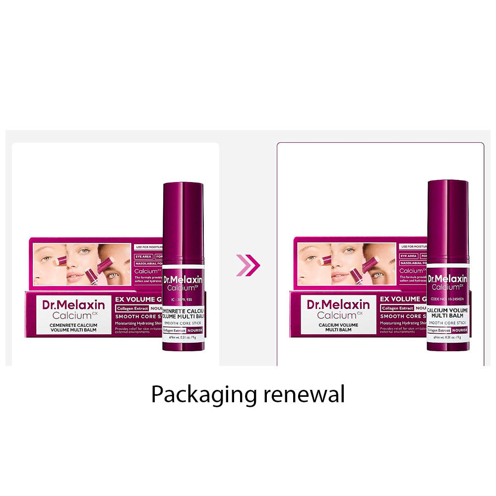 A promotional comparison graphic showing the Dr. Melaxin Calcium volume moisturizer and its box in two side-by-side packages, with a pink arrow between them and the text &