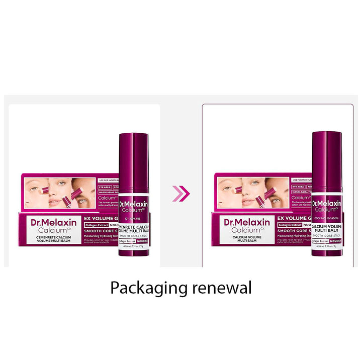 A promotional comparison graphic showing the Dr. Melaxin Calcium volume moisturizer and its box in two side-by-side packages, with a pink arrow between them and the text &