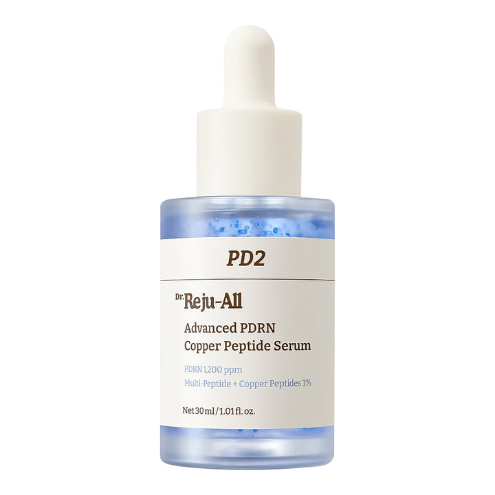 A 30ml dropper bottle of Dr. Reju-All PD2 Advanced PDRN Copper Peptide Serum, featuring a white dropper cap and a white label with blue and brown text, set against a plain white background.