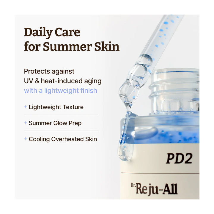 A skincare dropper bottle with clear serum being dispensed into a glass dropper, set against a light gray background with promotional text reading &