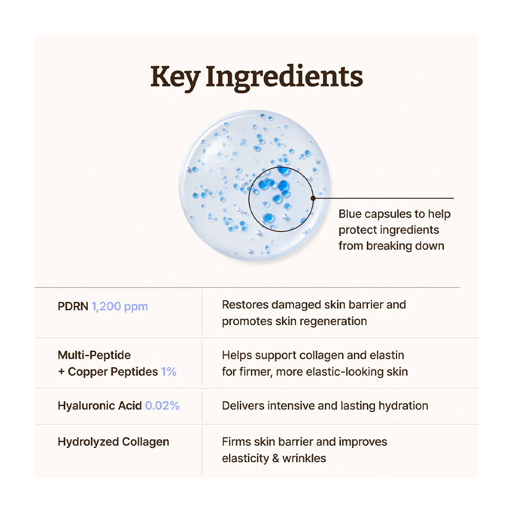 An informational graphic titled 'Key Ingredients' on a light beige background, featuring a petri dish with blue capsules and text explaining benefits of PDRN, multi-peptide/copper peptides, hyaluronic acid, and hydrolyzed collagen.