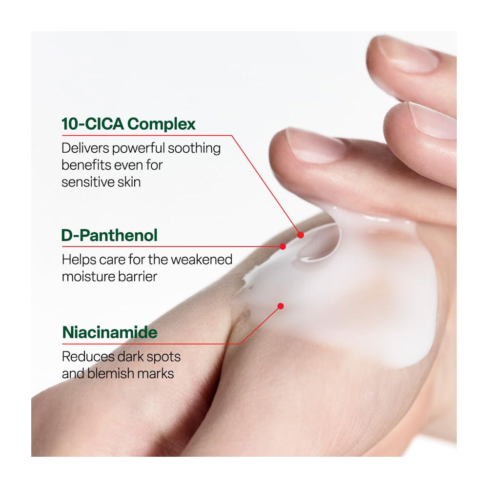 Hand applying a skincare product with text highlighting ingredients like 10-CICA Complex, D-Panthenol, and Niacinamide.