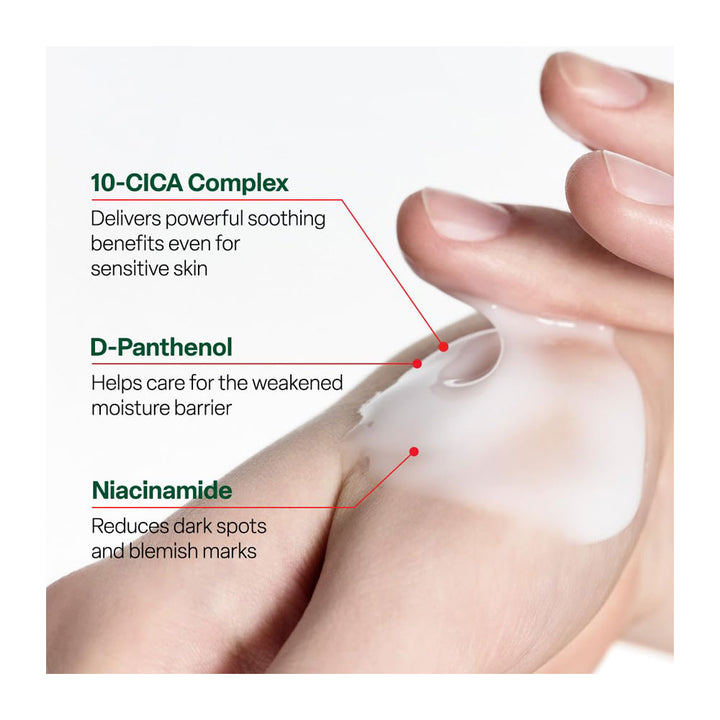 Hand applying a skincare product with text highlighting ingredients like 10-CICA Complex, D-Panthenol, and Niacinamide.
