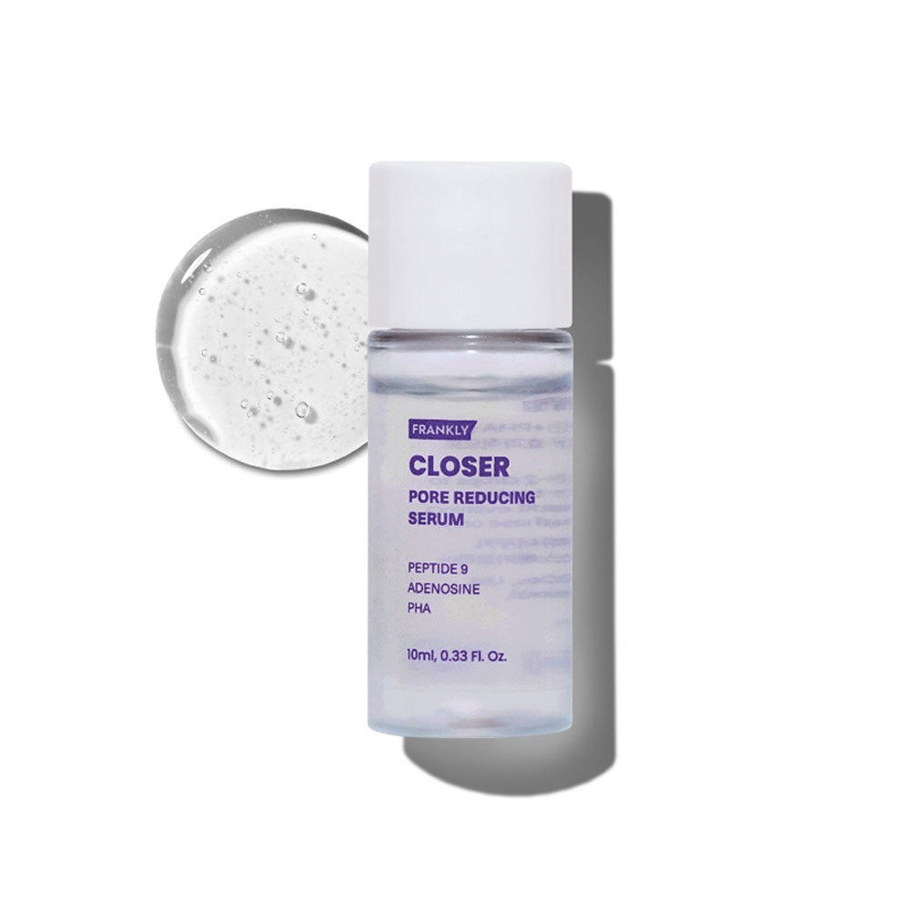 Frankly Closer Pore Reducing Serum in a clear bottle with a white cap, shown on a white background with a circular inset of the serum&