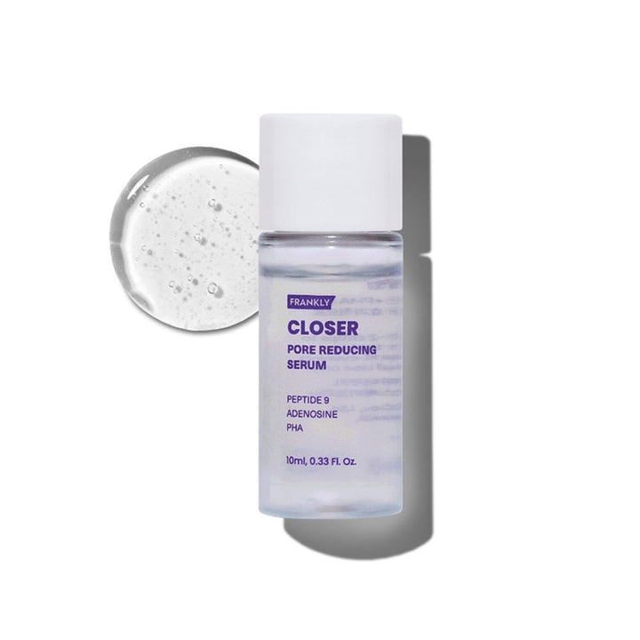 Frankly Closer Pore Reducing Serum in a clear bottle with a white cap, shown on a white background with a circular inset of the serum&