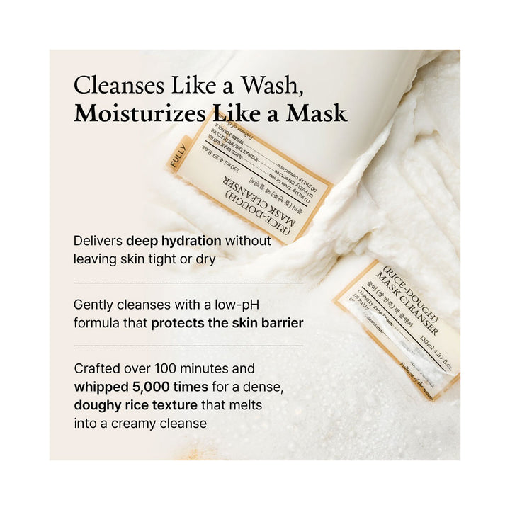 Two rice mask packets on a white background with text about their benefits.