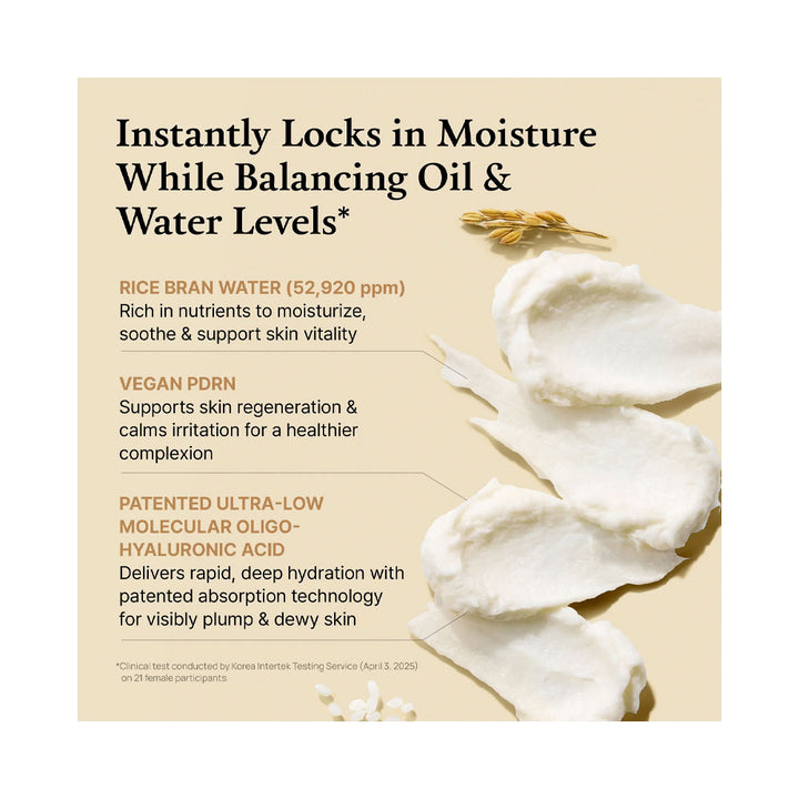 Product packaging with text about moisture balancing and skin benefits on a beige background