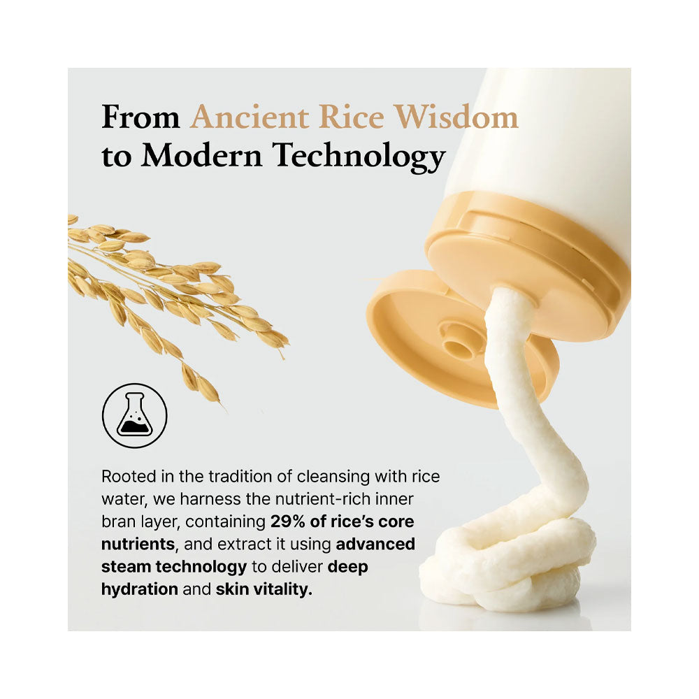 Product packaging with text about using ancient rice wisdom with modern technology, featuring a rice plant and a white and gold product.