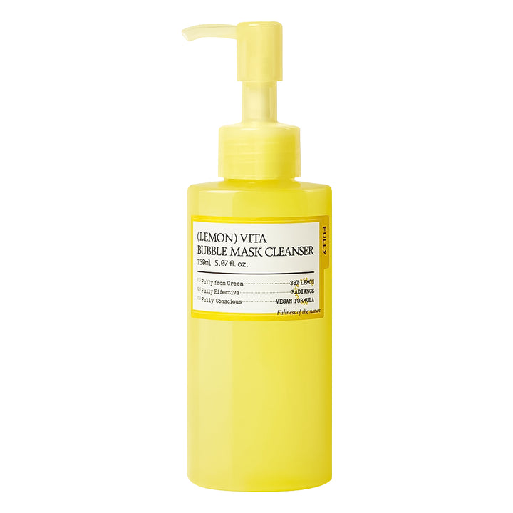 Yellow bottle of (Lemon) Vita Bubble Mask Cleanser on a white background