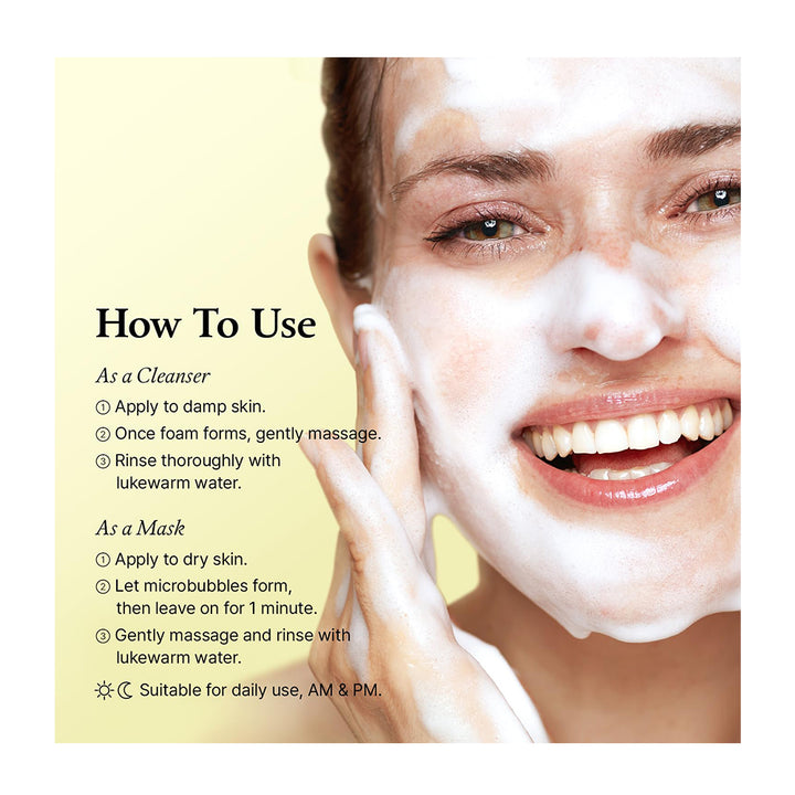Woman applying facial mask with usage instructions on a yellow background