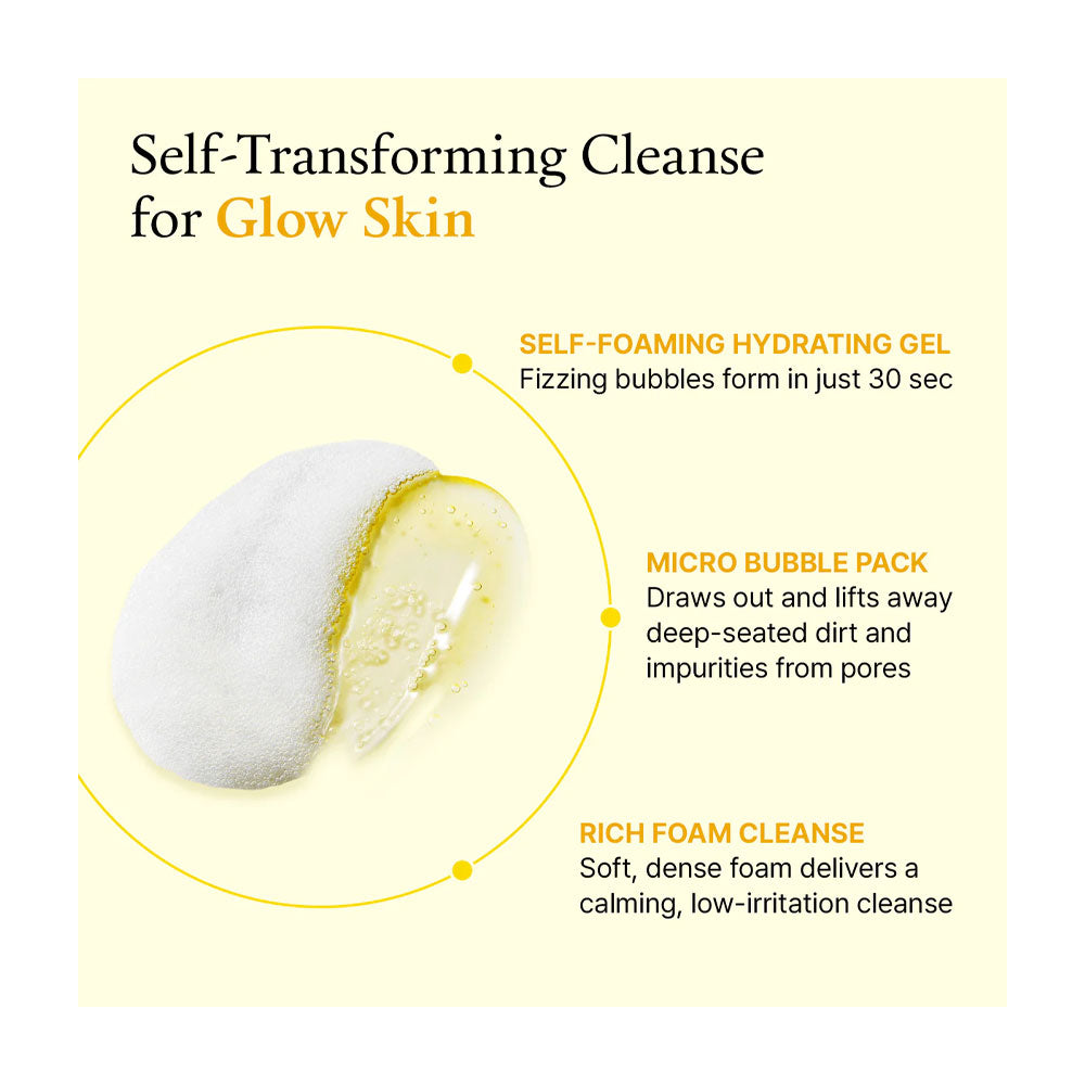 Product packaging with text describing self-transforming cleanse for glow skin on a yellow background