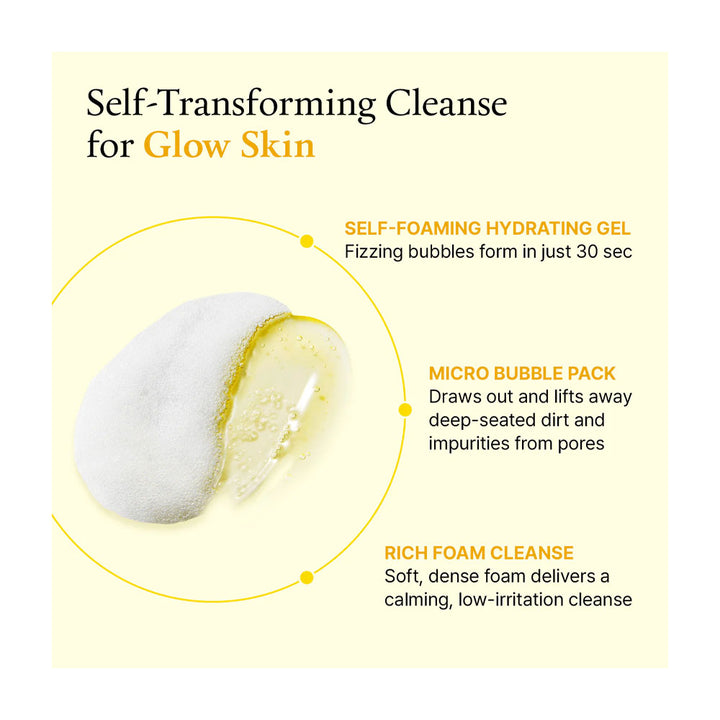 Product packaging with text describing self-transforming cleanse for glow skin on a yellow background