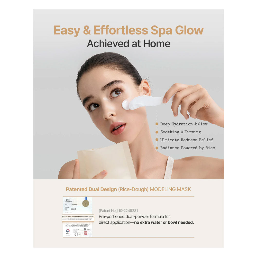 Woman applying a rice-dough modeling mask with text about its benefits on a light gray background