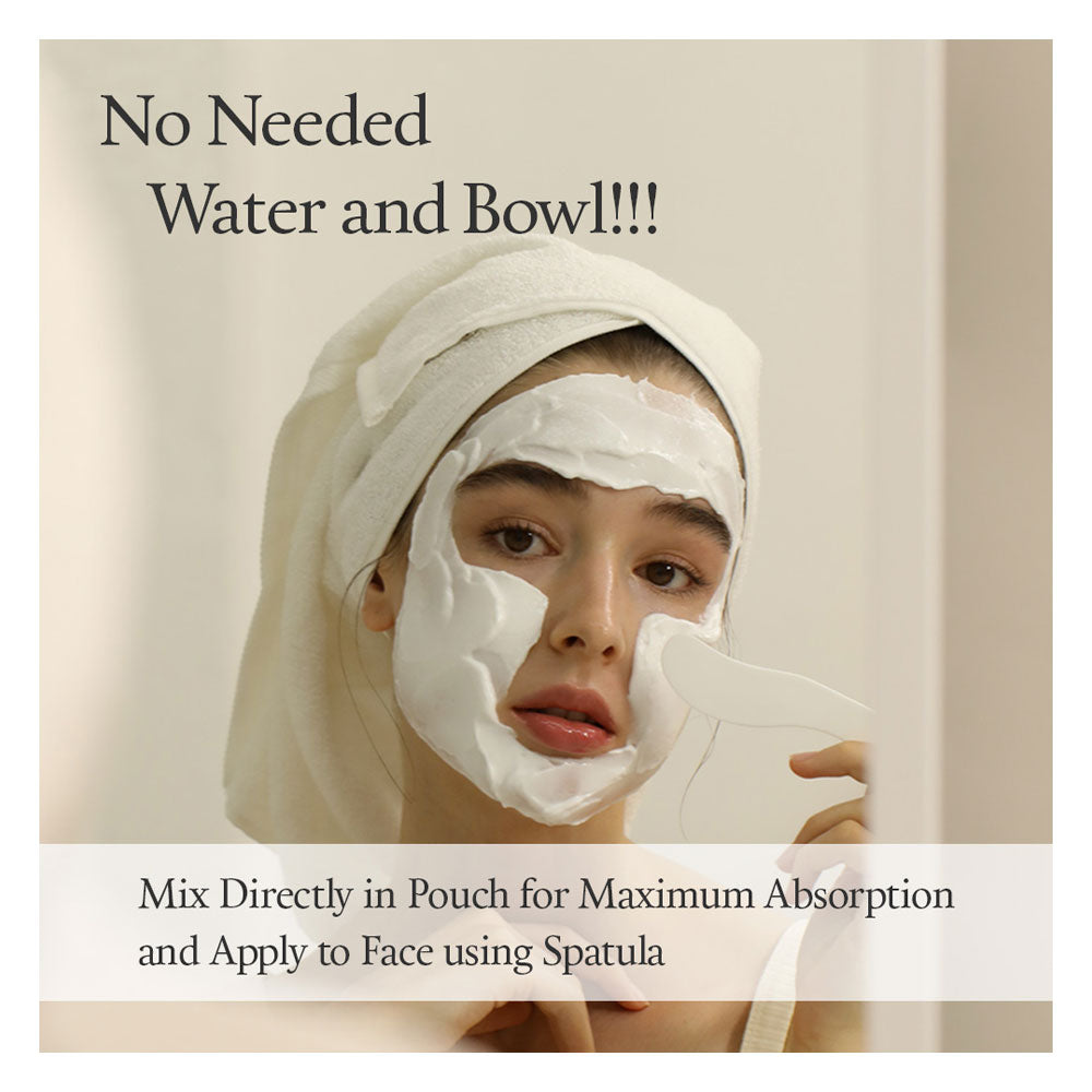 Person applying a face mask with text indicating no water or bowl is needed.