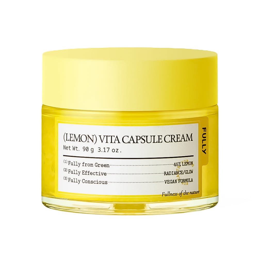 Yellow jar of 'Lemon' Vita Capsule Cream with a white label on a white background