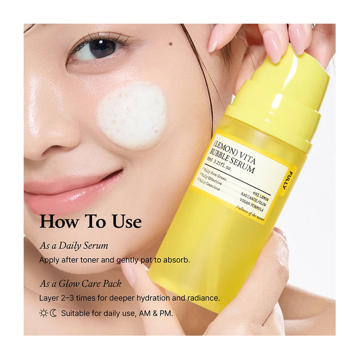 Yellow bottle of Lemon Vita Bubble Serum with application instructions on a white background