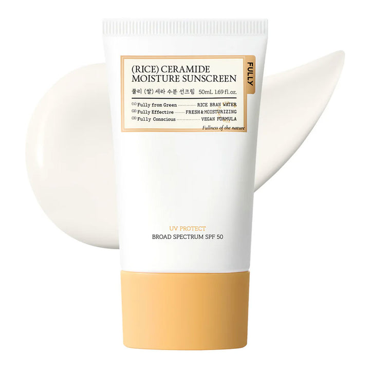 Rice Ceramide Moisture Sunscreen tube with white cap and yellow base on a white background