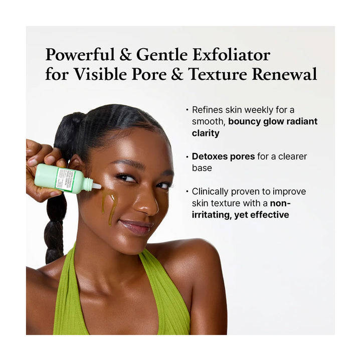 Woman applying a skincare product with text about exfoliator benefits on a white background