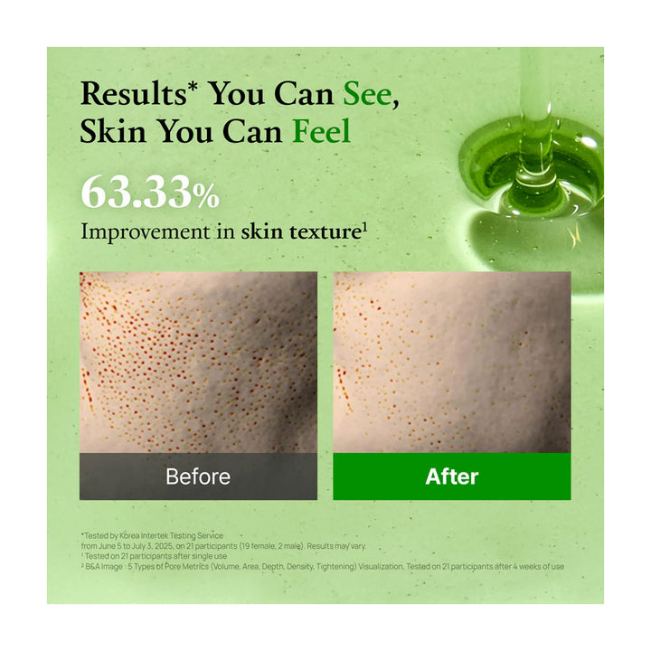 Advertisement showing before and after effects of a skincare product with a green background and text.