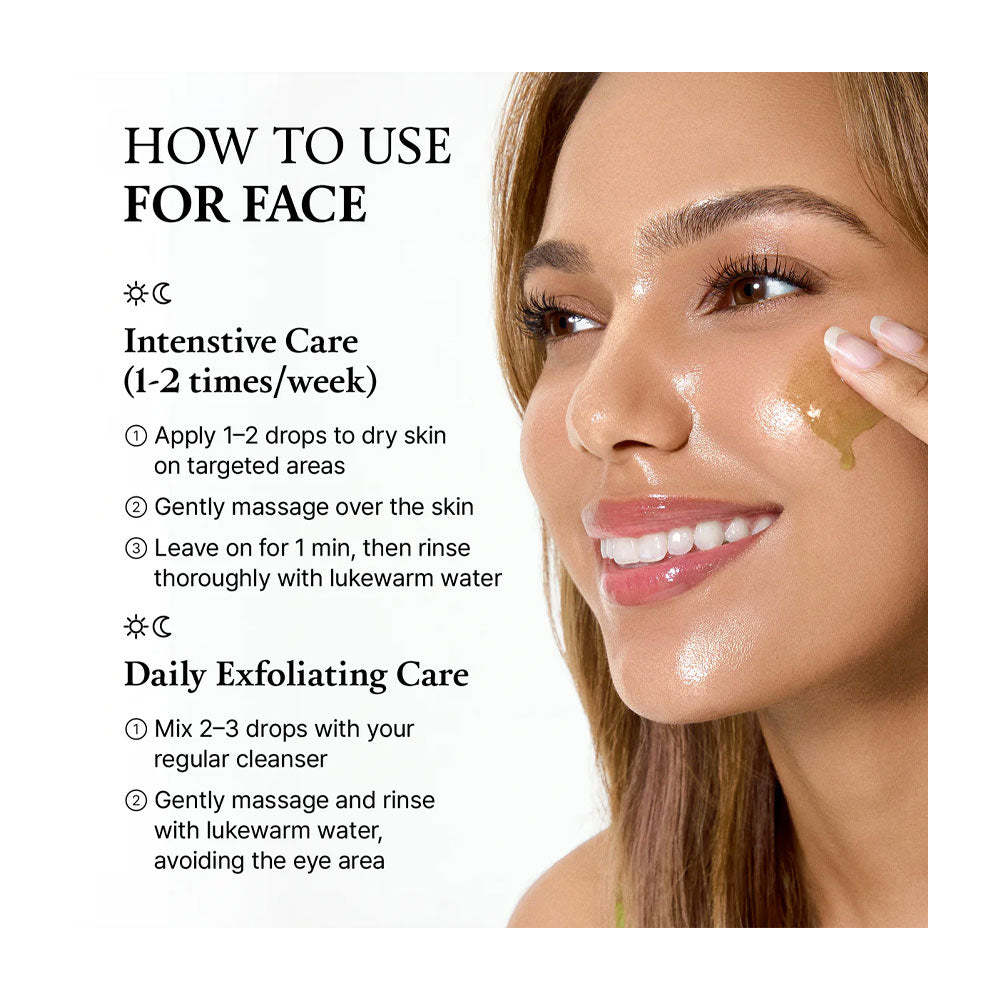 Woman applying skincare product to her face with usage instructions on a white background