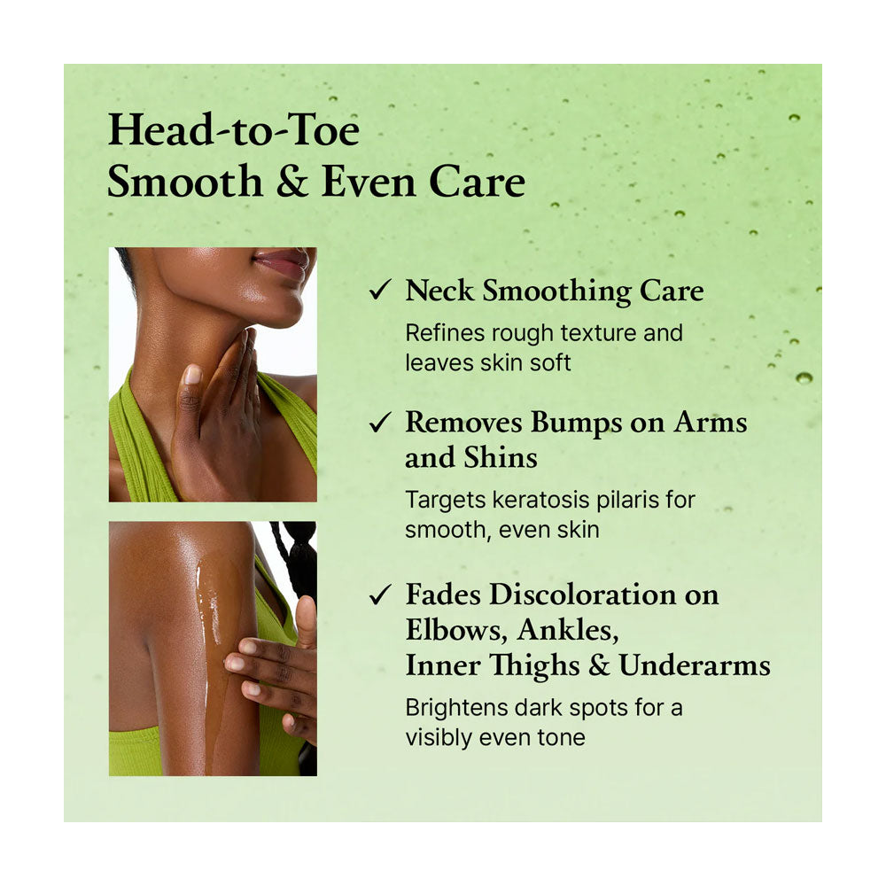 Product advertisement for neck smoothing care with text on a green background