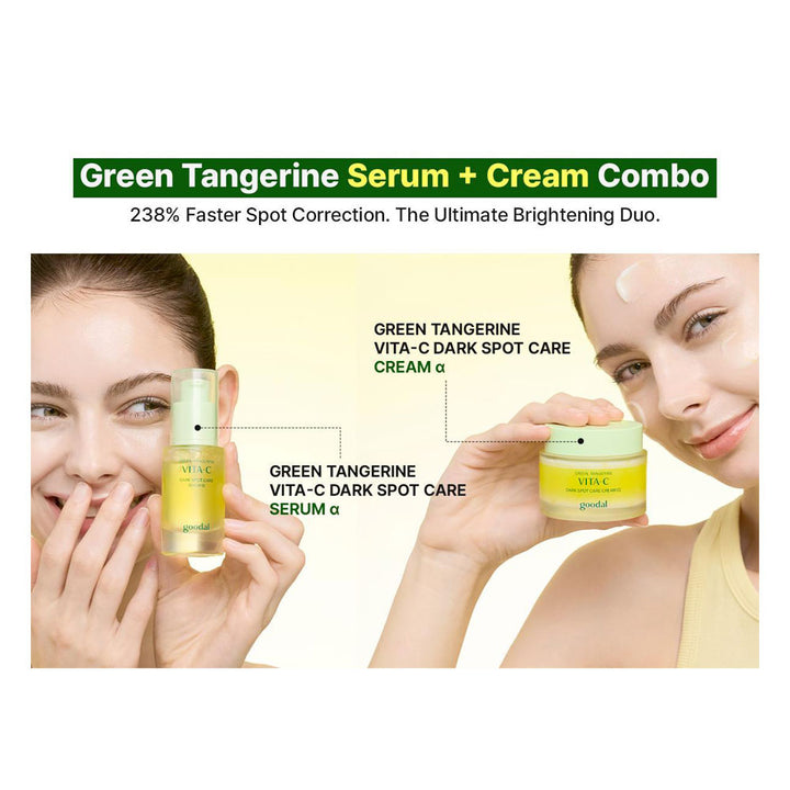 Advertisement for Green Tangerine Serum and Cream Combo with two women holding the products.
