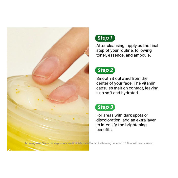 Step-by-step guide on applying a skincare product with text instructions.