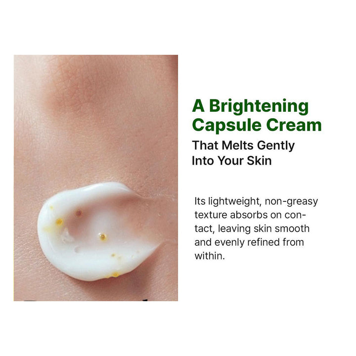 Brightening capsule cream applied to skin with promotional text on a white background