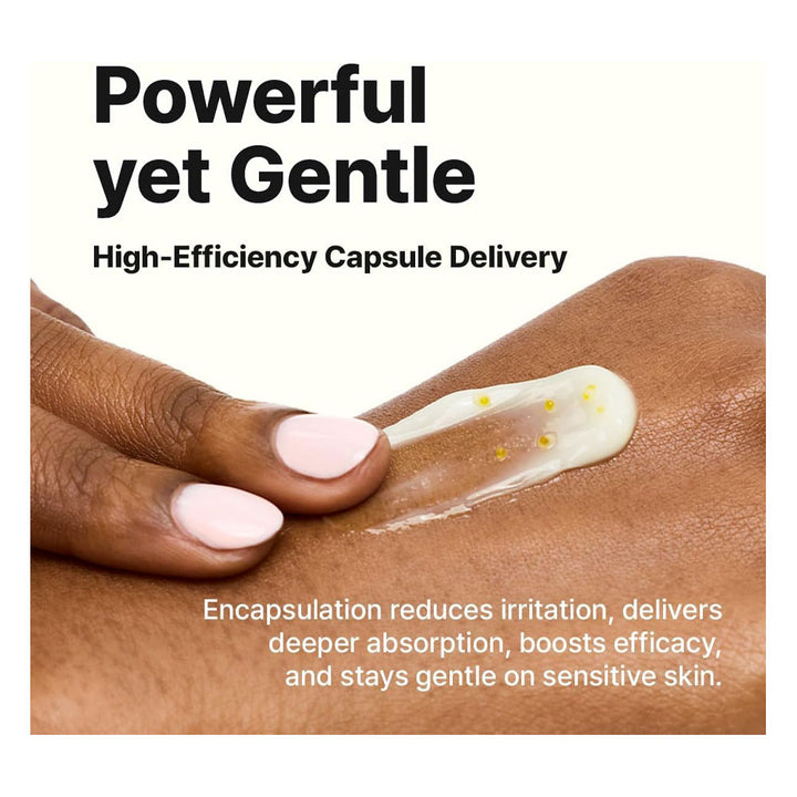 Hand applying cream to skin with text about high-efficiency capsule delivery