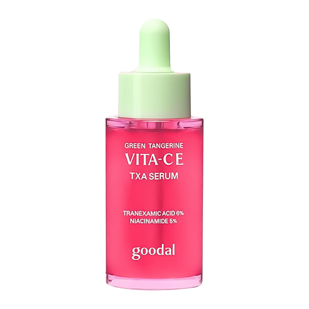 Goodal VITA-CE TXA Serum bottle with pink liquid and green cap on a white background