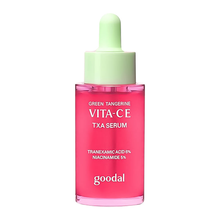 Goodal VITA-CE TXA Serum bottle with pink liquid and green cap on a white background
